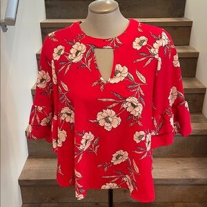 URBAN Romantics Red Floral Keyhole Ruffle Sleeve Blouse